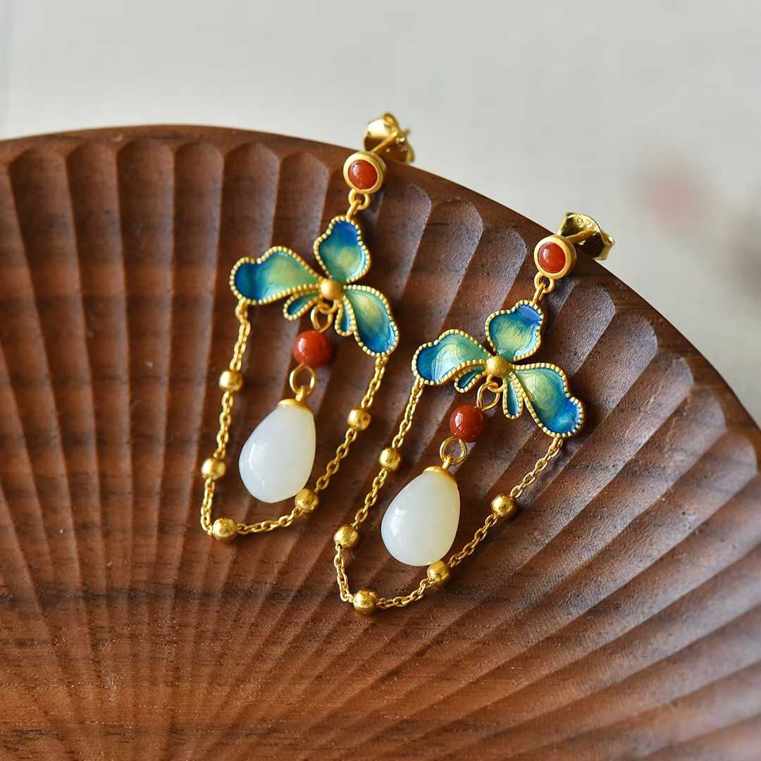 925 Silver Inlaid Hetian Nephrite "Lotus, Blessing, Longevity & Ruyi" Enamel Tassel Earrings