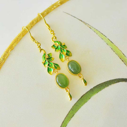 925 Silver Inlaid Hetian Jadeite (Jasper) "Peacock Feather" Earrings