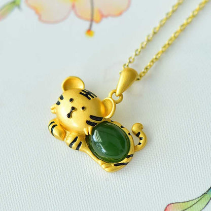 925 Silver Inlaid Hetian Jadeite (Jasper) "Tiger Cub" Pendant