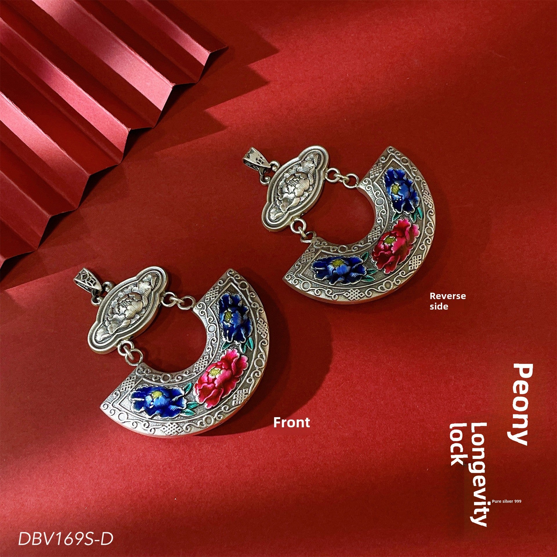 Side view of new Chinese style peony pendant - 925 sterling silver
