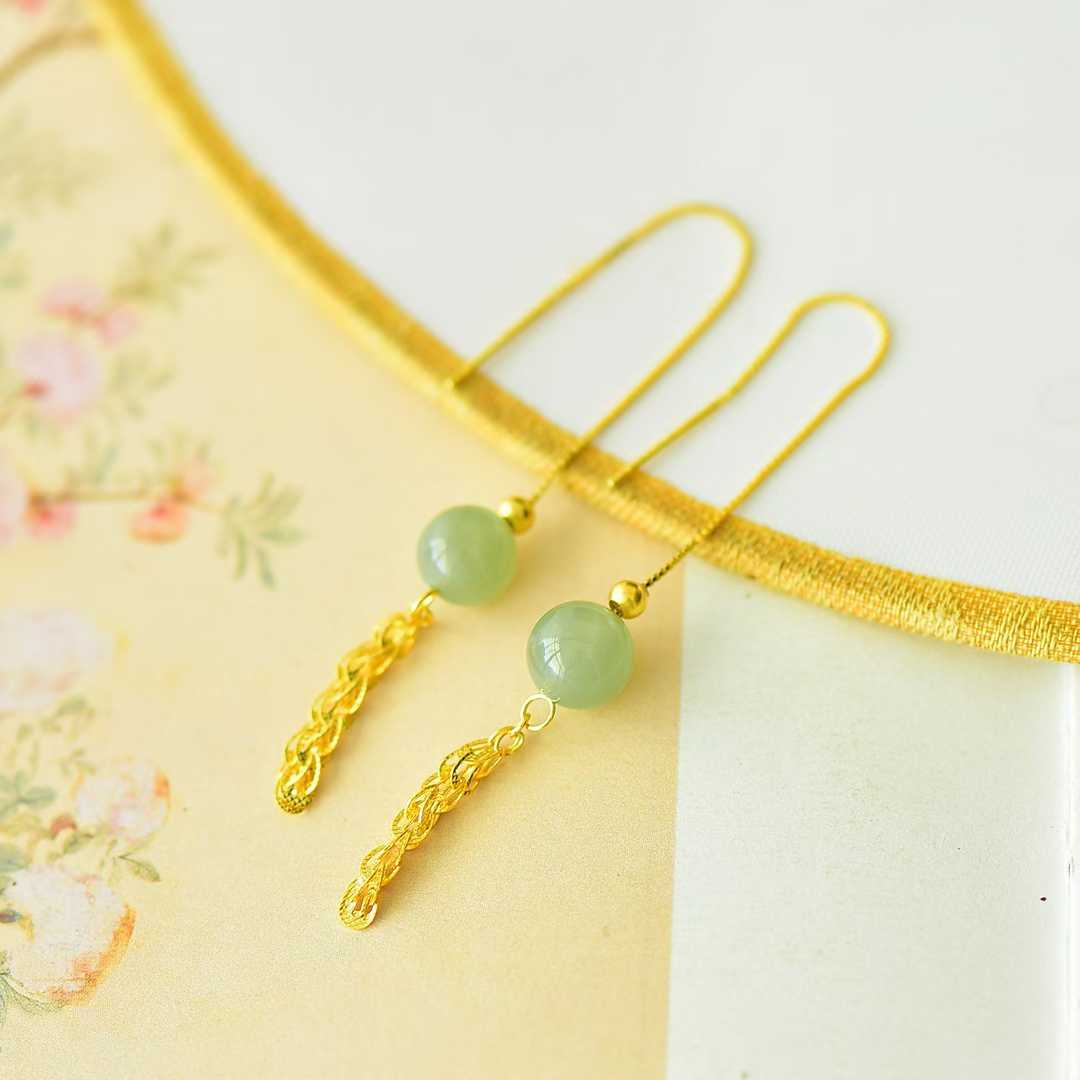 925 Silver Inlaid Hetian Qingshui Jade 8mm Full-Drilled Bead Phoenix Tail Plain Silver Earrings