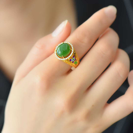 925 Silver Inlaid Blue Enamel, Hetian Spinach Green Nephrite Cabochon & Zircon Ring