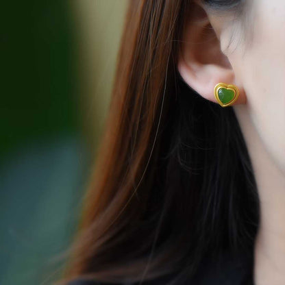 925 Silver Inlaid Hetian Spinach Green Nephrite Heart-Shaped Stud Earrings