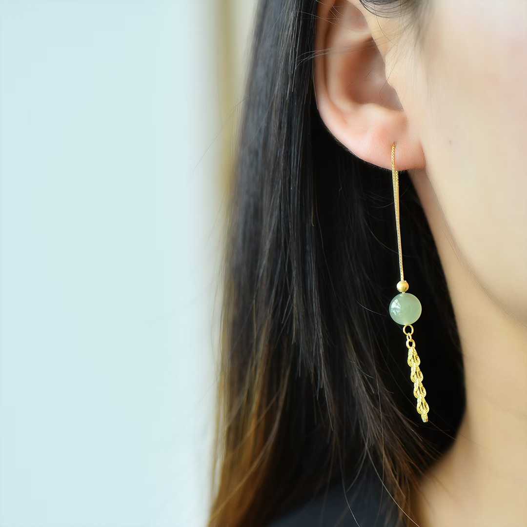 925 Silver Inlaid Hetian Qingshui Jade 8mm Full-Drilled Bead Phoenix Tail Plain Silver Earrings