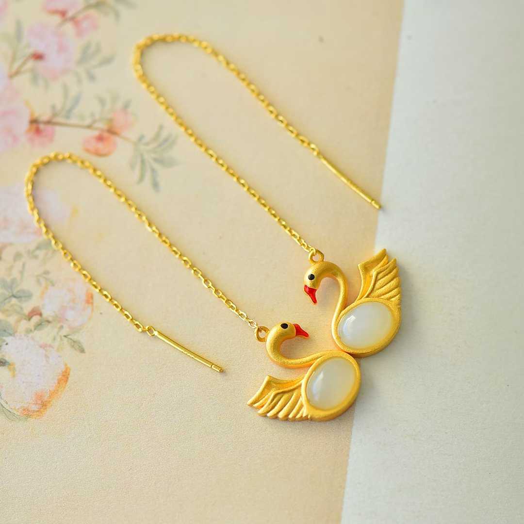 Ancient-style silver swan three-piece jewelry set - complete collection