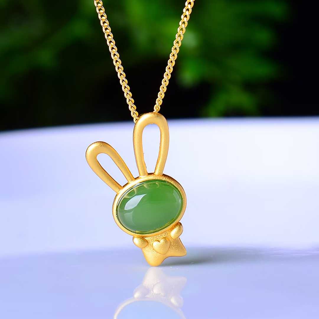 925 Sterling Silver-Inlaid Hetian Green Jade Rabbit 🐰 Pendant with Thick Matte Gold Plating