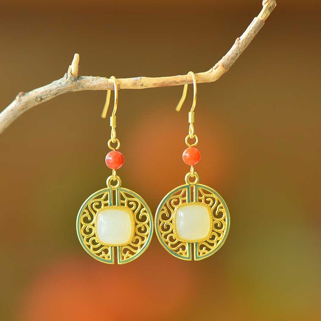 Vintage-Style Silver Inlaid Nephrite "Wanshou Vine" Earrings