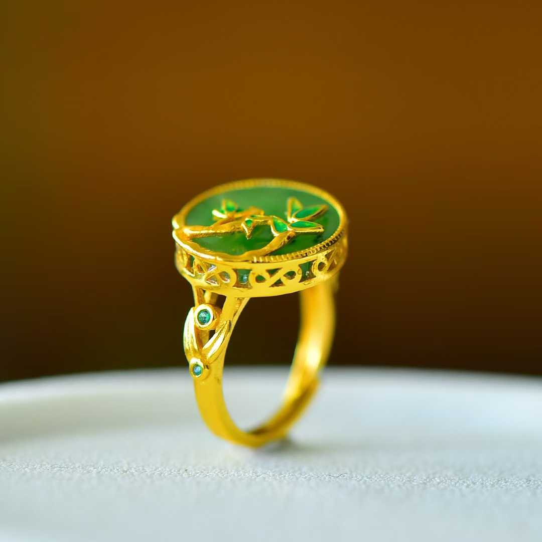 925 Silver Inlaid Green Jadeite "Steady Progress" Ring