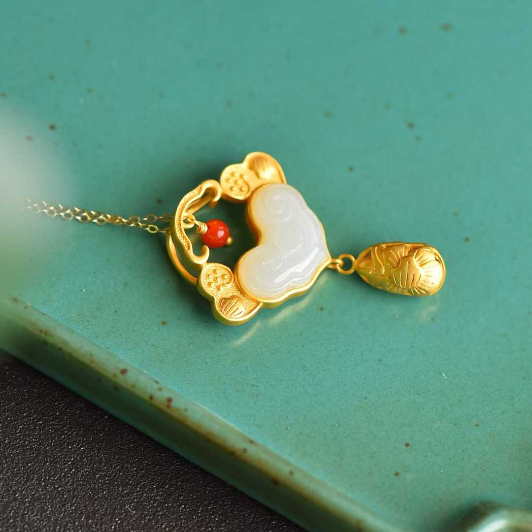 Vintage-Style Silver Inlaid Nephrite "Ruyi" and "Yingluo" Pendant