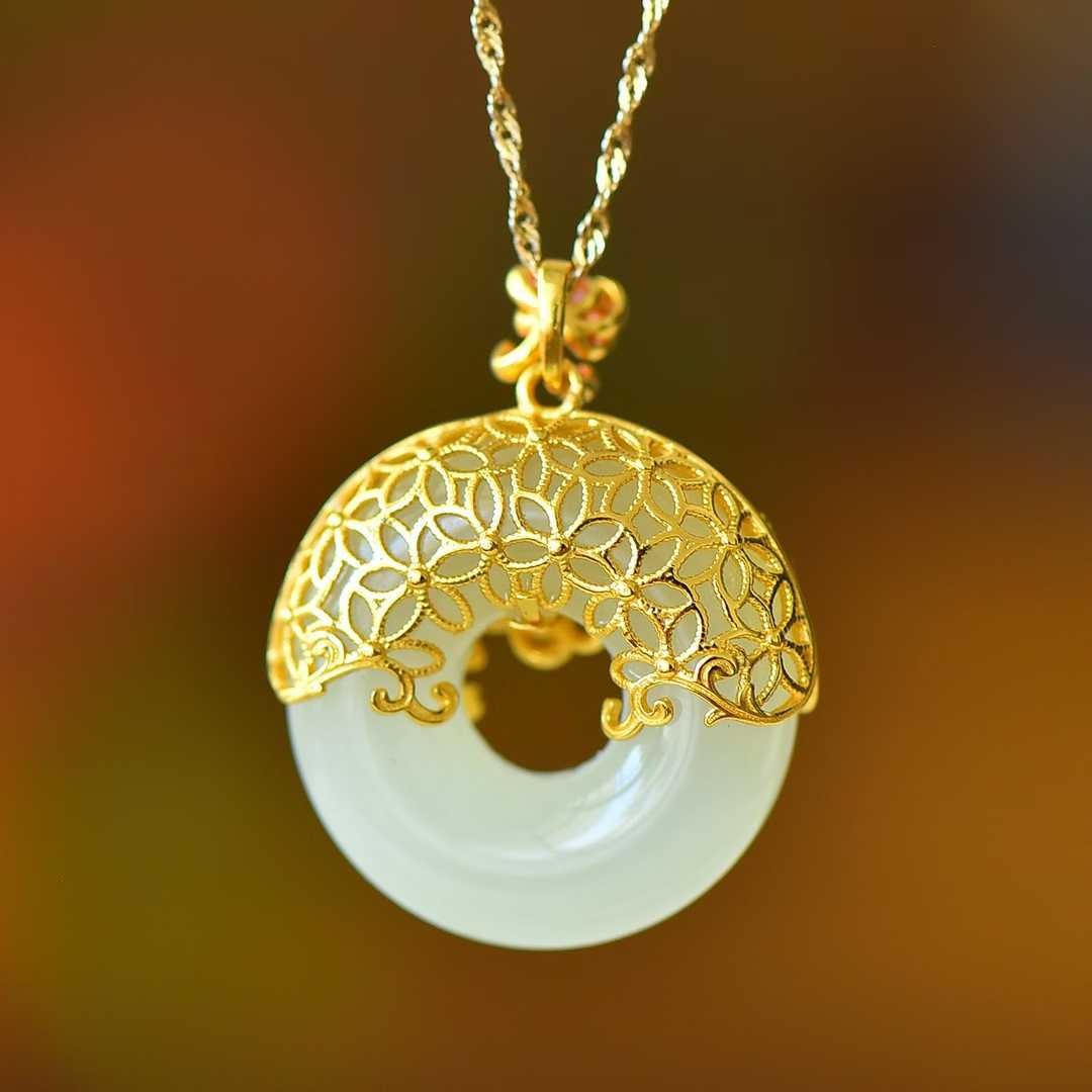 925 Silver Inlaid Nephrite "Peony Filigree Peace Ring" Pendant