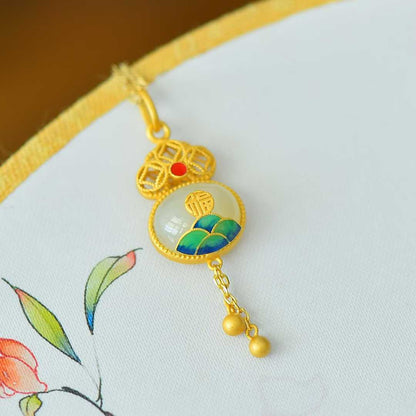 925 Silver Inlaid Nephrite Cabochon "Happiness and Longevity" Tassel Pendant