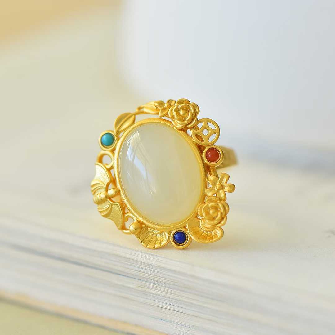 S925 Silver Inlaid Hetian Nephrite "Happiness Before One's Eyes" Ring