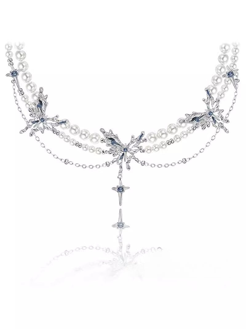 Blue pearl butterfly long pendant necklace - jewelry - weilin.com