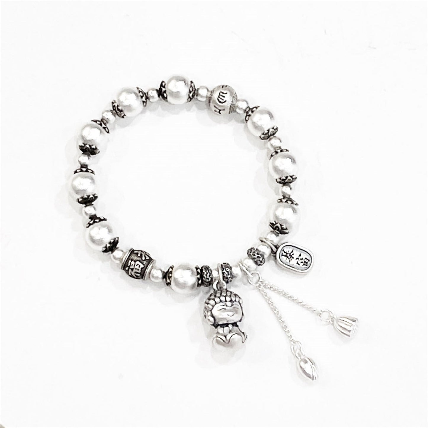 Buddha Pendant Sterling Silver Beaded Bracelet - jewelry - weilin.com