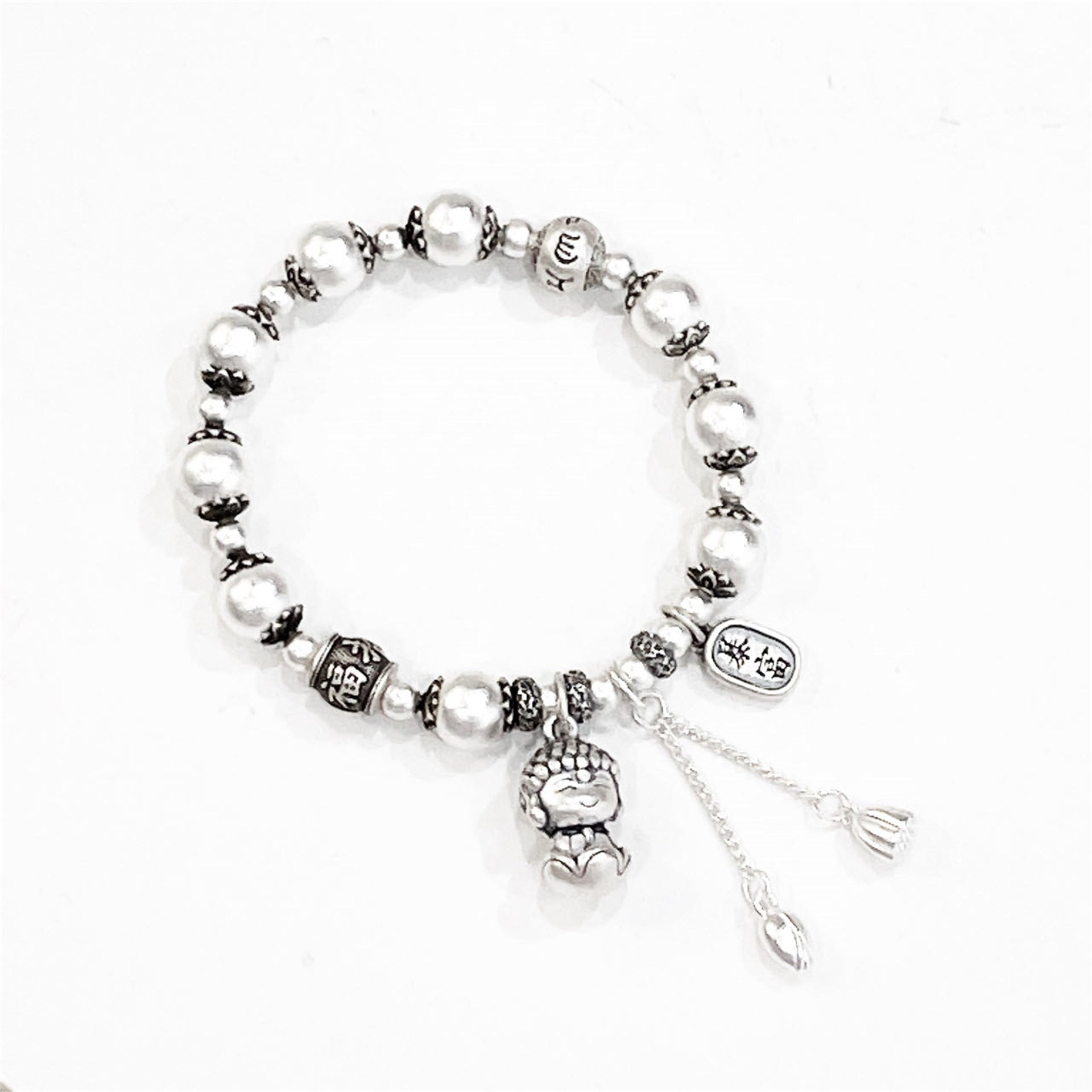 Buddha Pendant Sterling Silver Beaded Bracelet - jewelry - weilin.com