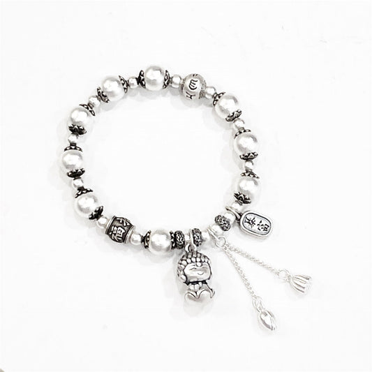 Buddha Pendant Sterling Silver Beaded Bracelet - jewelry - weilin.com