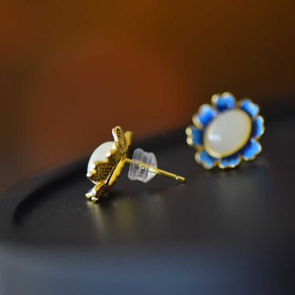 925 Silver Inlaid Nephrite "Whisper of Blue Flowers" Stud Earrings