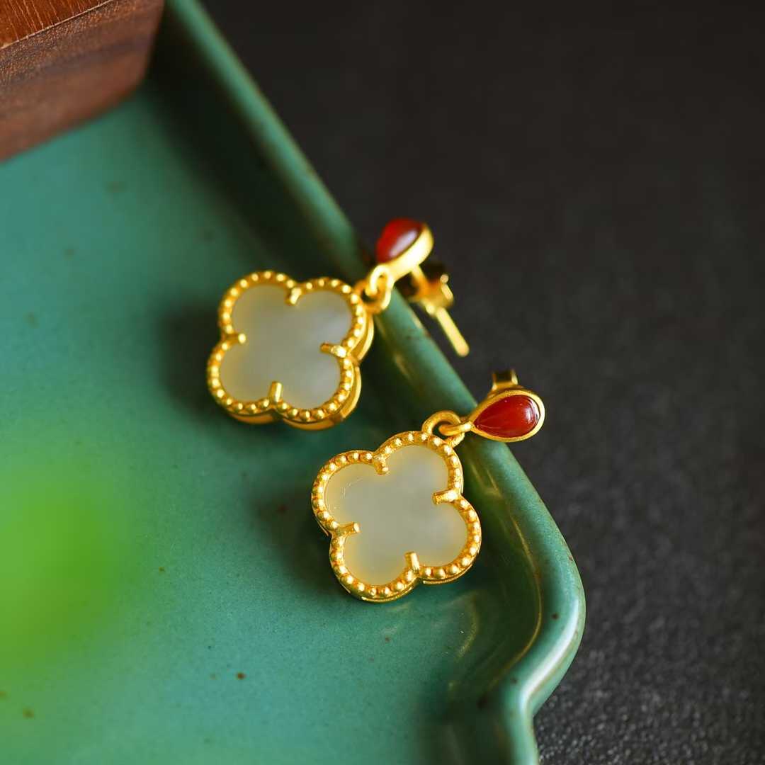 925 Silver Inlaid Nephrite Double-Sided Four-Leaf Clover Earrings