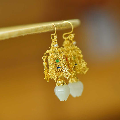 925 Silver Inlaid Nephrite "Qionglou Yuyu" Palace Lantern Earrings