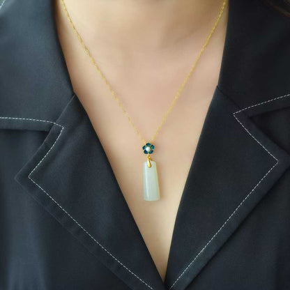 S925 Silver-Inlaid Hetian Jade Pendant (Trapezoidal Peace Plaque with Enamel & Pearl Accents)