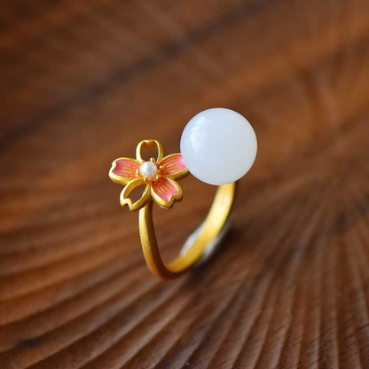  Elegant S925 silver three-piece set featuring cherry blossom and nephrite spring beauty