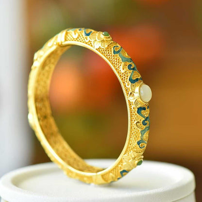 925 Silver Inlaid Hetian Nephrite "Goddess Scattering Flowers" Hollowed-Out Bracelet