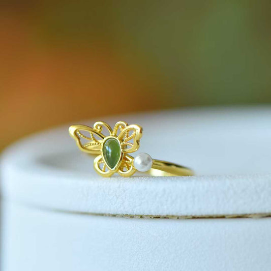 925 Silver Inlaid Hetian Nephrite "Water Drop & Butterfly" Ring