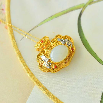 925 Silver Inlaid Nephrite "Deer & Crane for Auspiciousness" Two-Tone Pendant