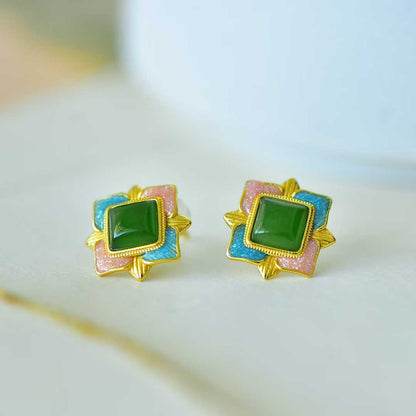 925 Silver Inlaid Hetian Nephrite "Heart Shape & Blooming Prosperity" Stud Earrings