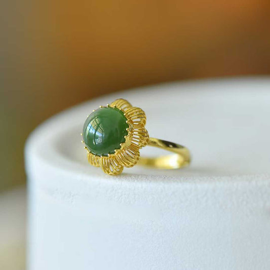 925 Silver Inlaid Hetian Nephrite Cabochon Hollow-Out Ring