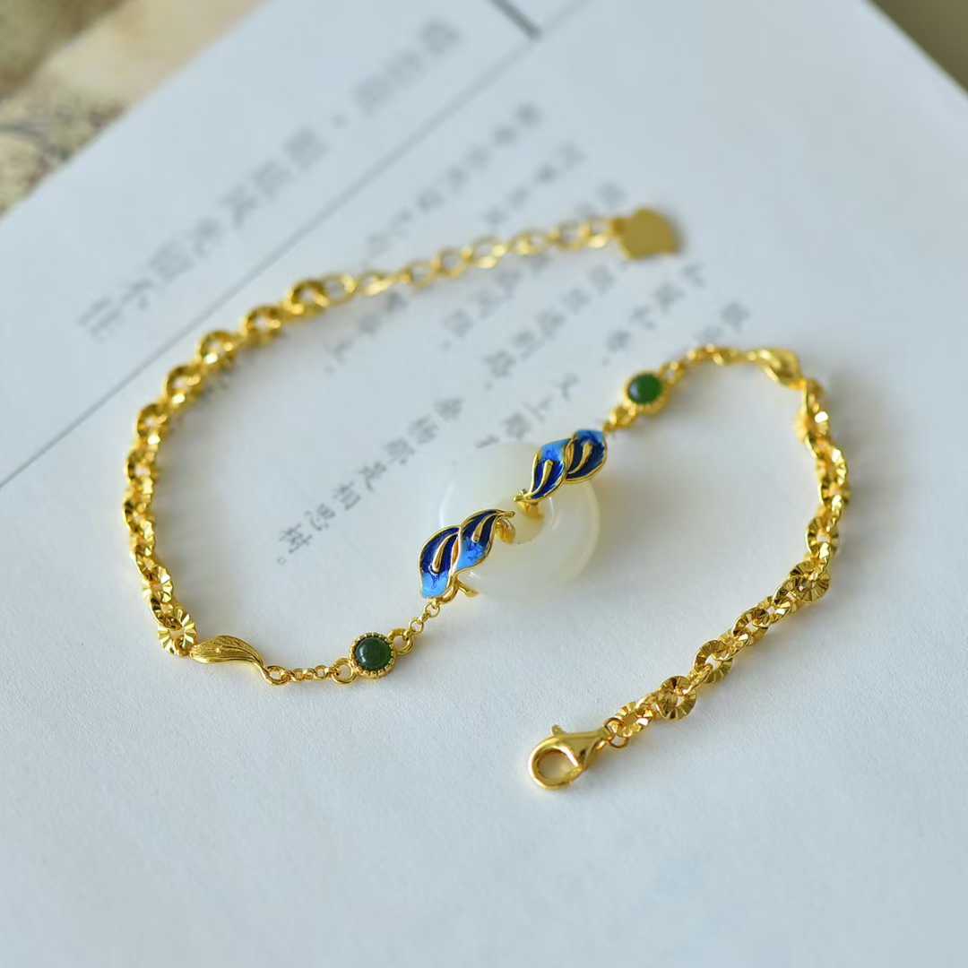 925 Silver Inlaid Hetian Nephrite "Bread Loaf Bead & Phoenix Tail" Bracelet