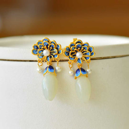 925 Silver Inlaid Hetian Nephrite "Peony in Bloom" Earrings
