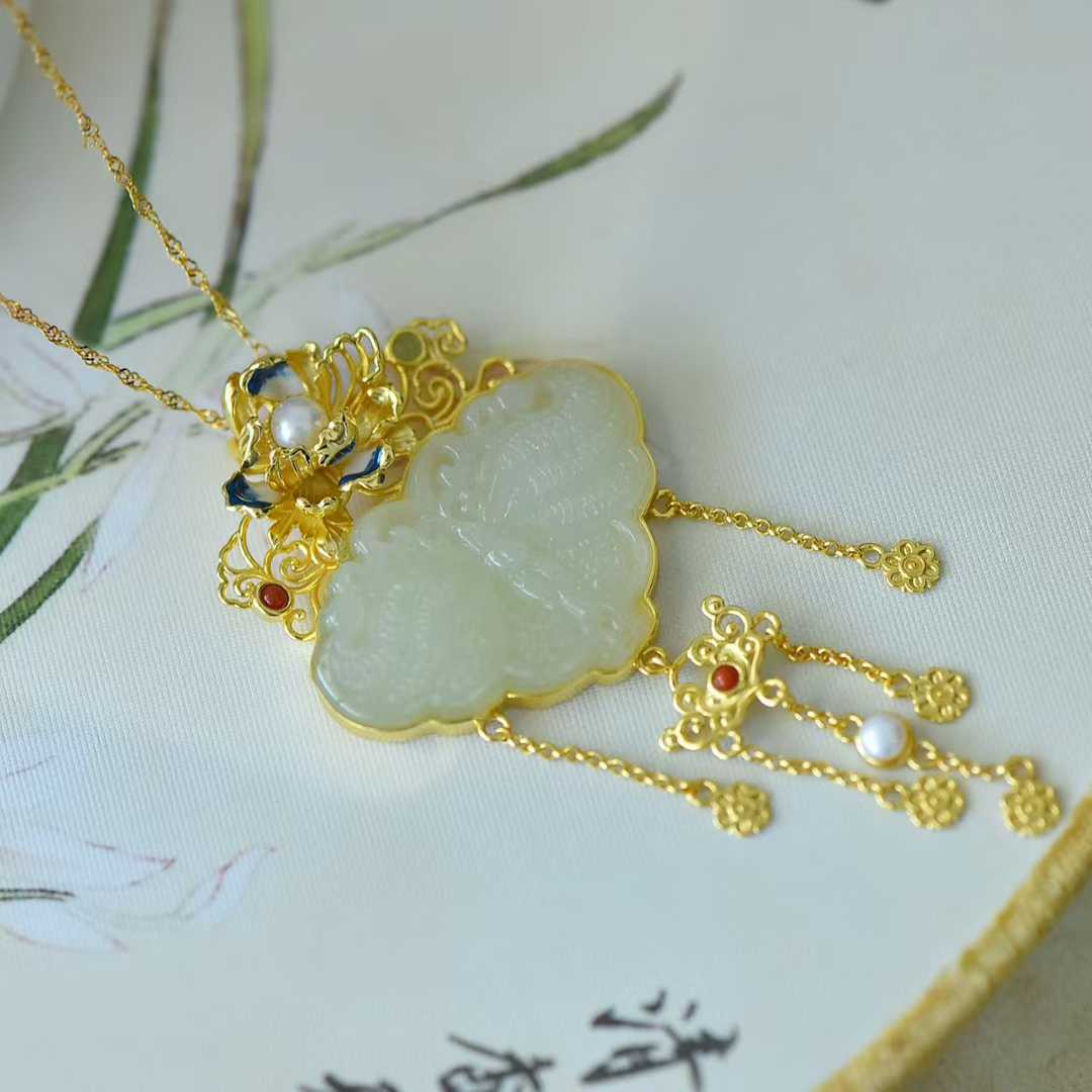 925 Silver Inlaid Hetian Nephrite "Orioles Singing & Butterflies Dancing" Tassel Pendant