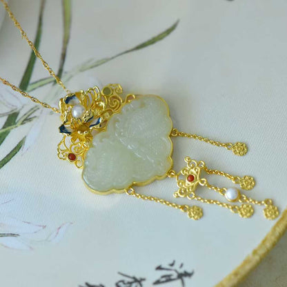 925 Silver Inlaid Hetian Nephrite "Orioles Singing & Butterflies Dancing" Tassel Pendant