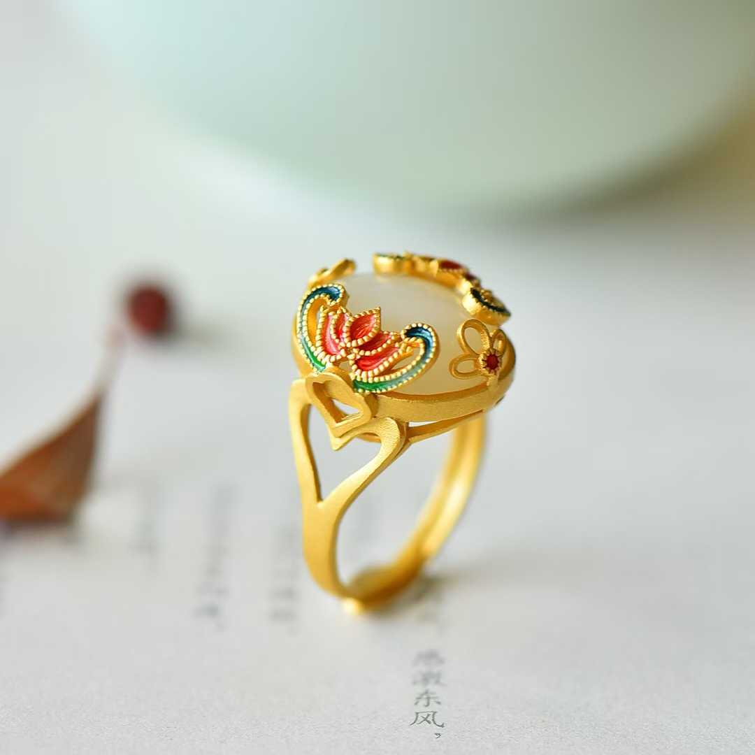 925 Silver Inlaid Red Enamel & White Hetian Nephrite Cabochon Ring