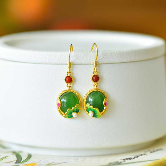 925 Silver Inlaid Hetian Spinach Green Nephrite "Lotus & Harmony" Stud Earrings