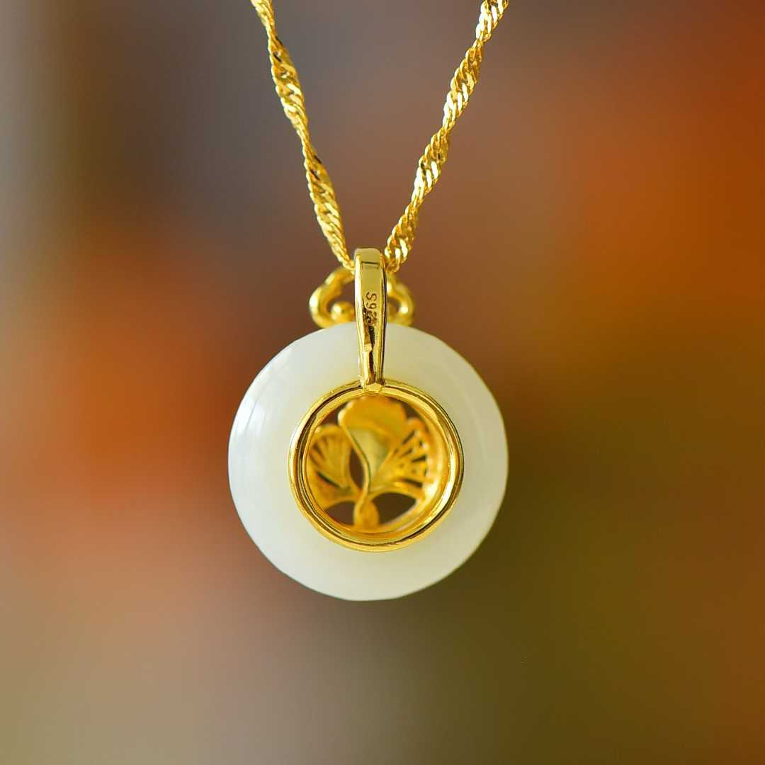 S925 Silver Inlaid Hetian Nephrite "Three Lifetimes of Apricot Blessings" Peace Buckle Pendant