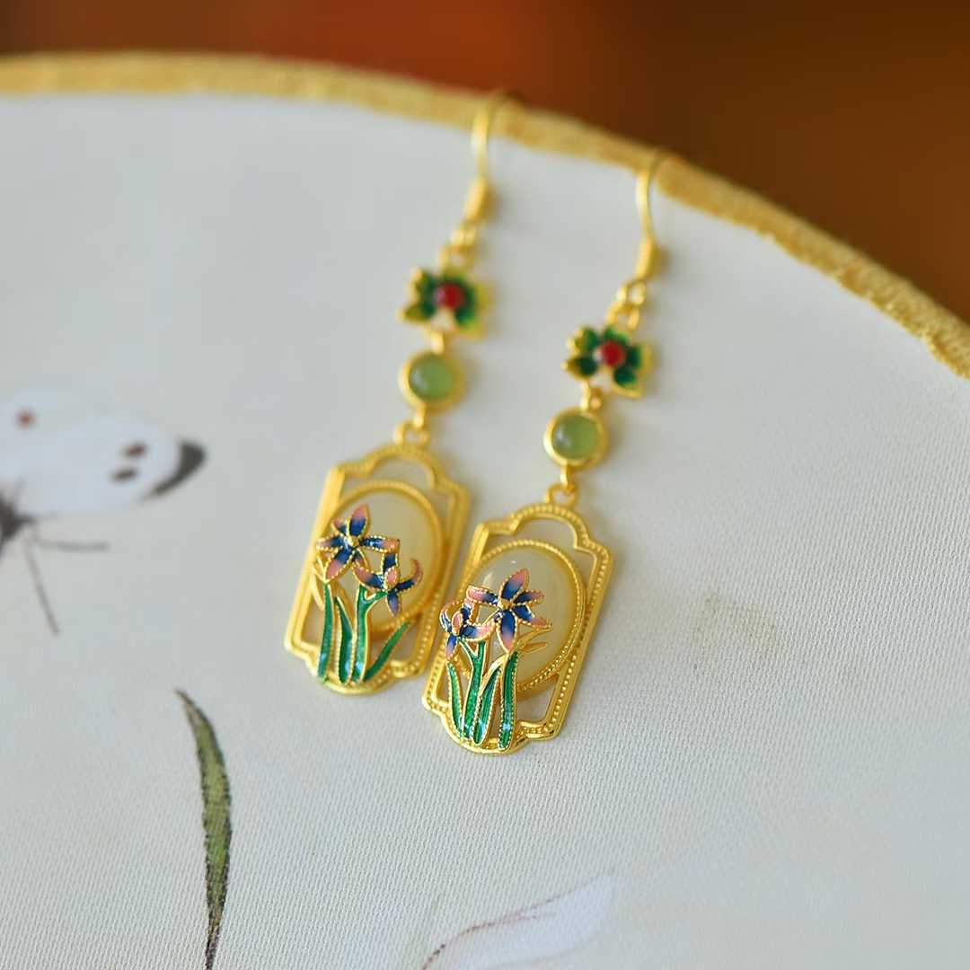 925 Silver Inlaid Hetian Nephrite "Orchid & Ruyi" Earrings