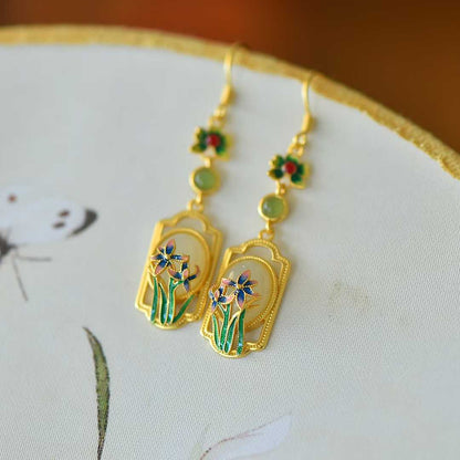 925 Silver Inlaid Hetian Nephrite "Orchid & Ruyi" Earrings