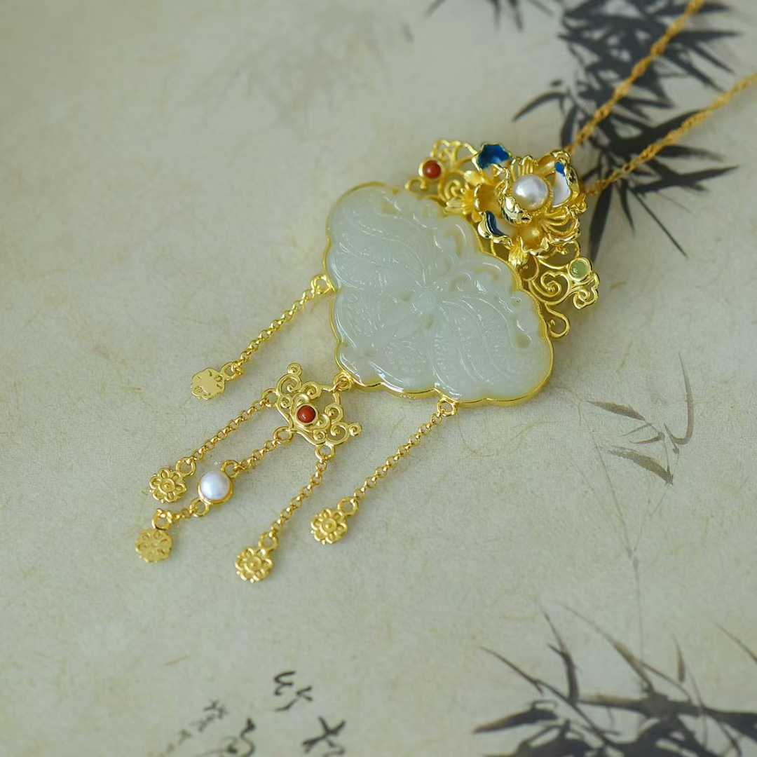 925 Silver Inlaid Hetian Nephrite "Orioles Singing & Butterflies Dancing" Tassel Pendant
