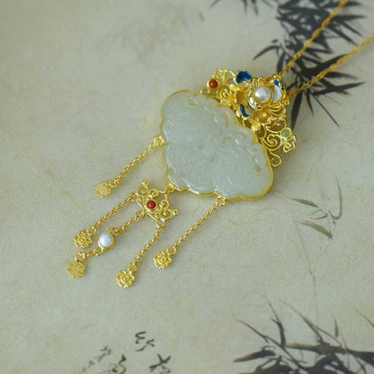 925 Silver Inlaid Hetian Nephrite "Orioles Singing & Butterflies Dancing" Tassel Pendant