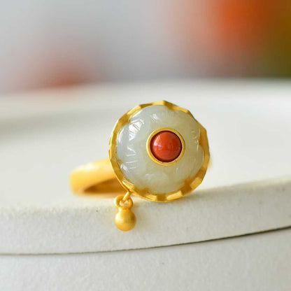 925 Silver Inlaid White Hetian Nephrite "Lotus for Fortune Turning" Ring