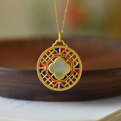 925 Silver Inlaid Nephrite Enamel Four-Leaf Clover Pendant