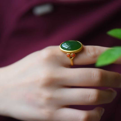 925 Silver Inlaid Nephrite Green Jade Cabochon Matte Gold Ring