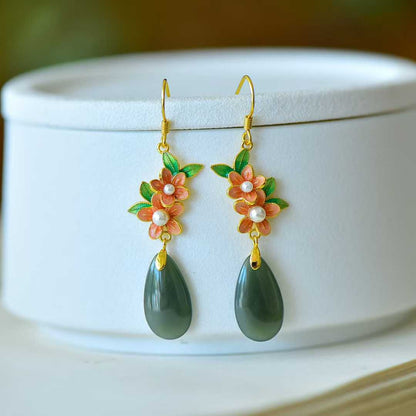 925 Silver Inlaid Hetian Nephrite Plum Blossom Earrings
