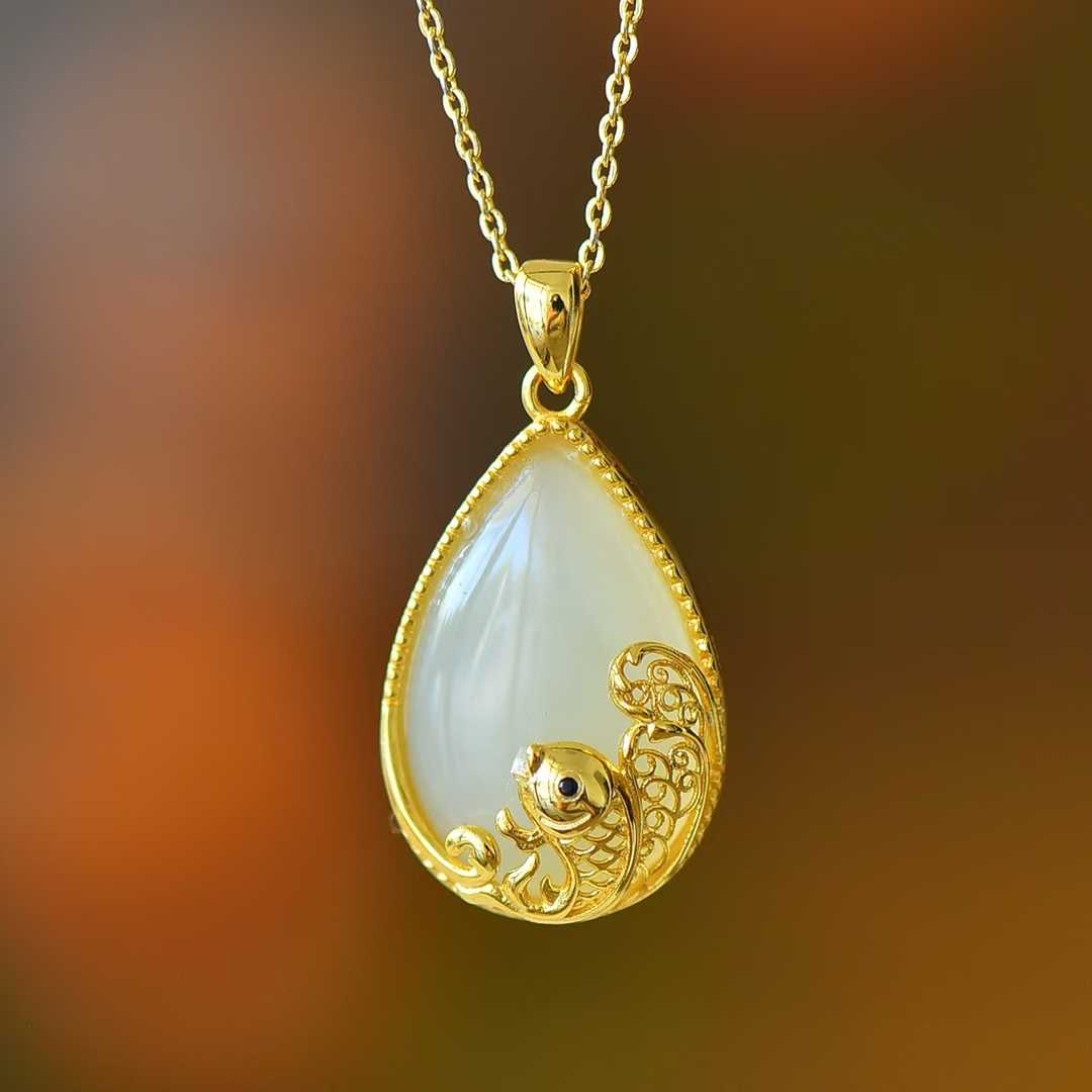 925 Silver Inlaid Hetian Nephrite "Year of Abundance (Fish) & Teardrop" Pendant