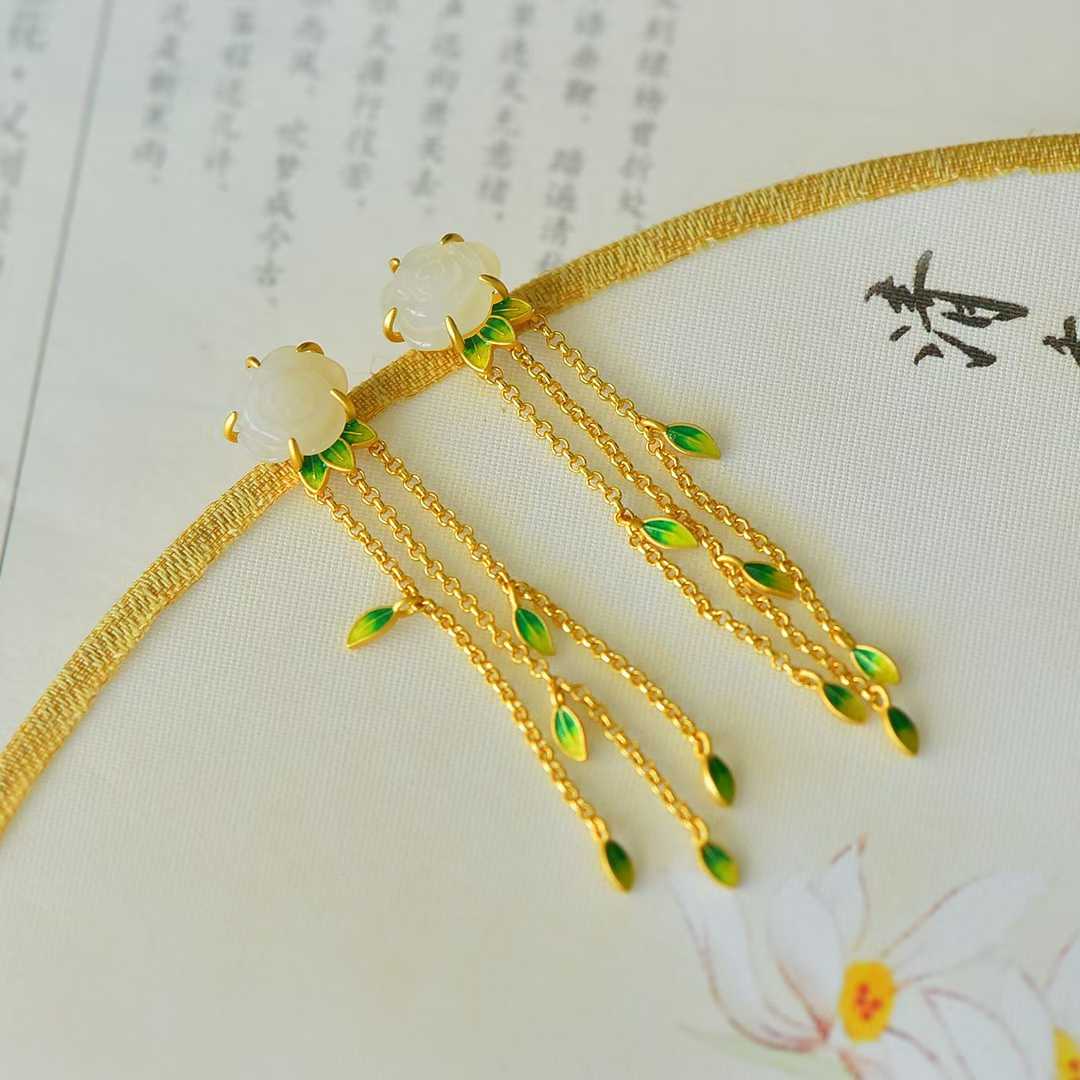925 Silver Inlaid Enamel & Hetian Nephrite "Rose Tassel" Earrings