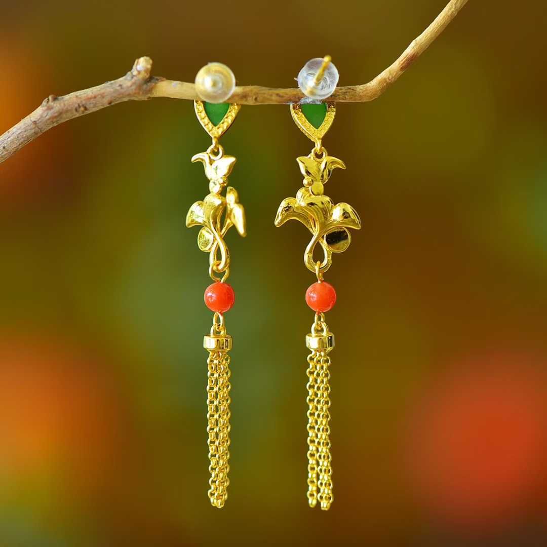 925 Silver Inlaid Hetian Nephrite "Apricot Leaf & Tassel" Earrings