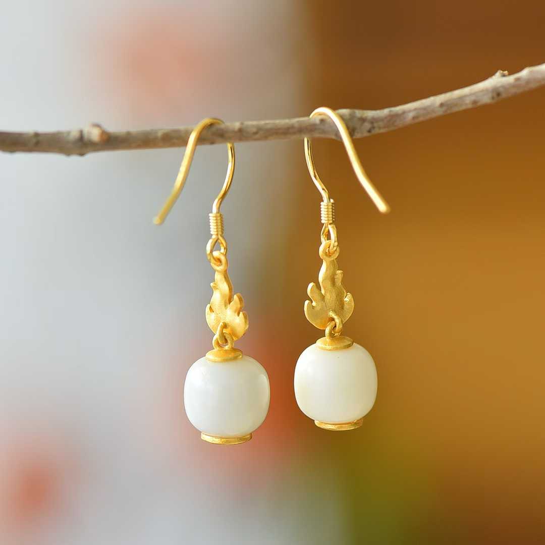 925 Silver Inlaid Hetian Nephrite Fine Material Barrel Bead "Everlasting Vitality" Enamel Earrings