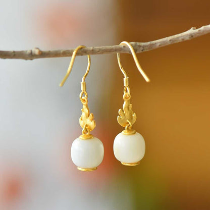 925 Silver Inlaid Hetian Nephrite Fine Material Barrel Bead "Everlasting Vitality" Enamel Earrings